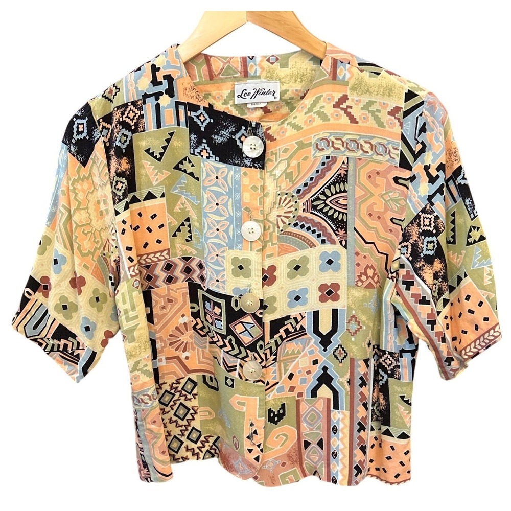 Vintage Lee Wintar Patchwork Blouse Abstract Tribal Print Short Sleeve Desighner